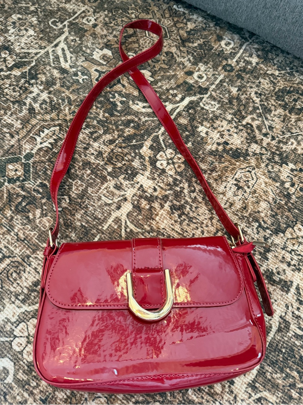 Red Patent Crossbody Bag with Gold Accent - Women